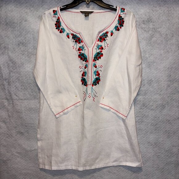 Tommy Bahama Top Womens S White Linen Embroidered Boho Peasant Tunic Casual - Picture 1 of 8
